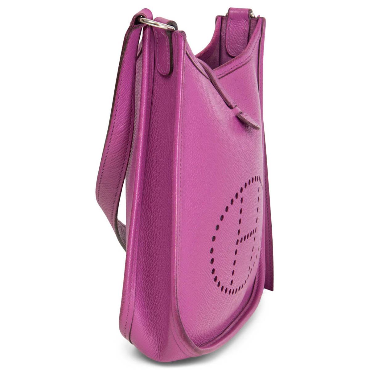 100% authentic Hermès Evelyne 16 Amazone crossbody bag in Cyclamen (purple) Epsom leather with a leather strap, perforated leather 