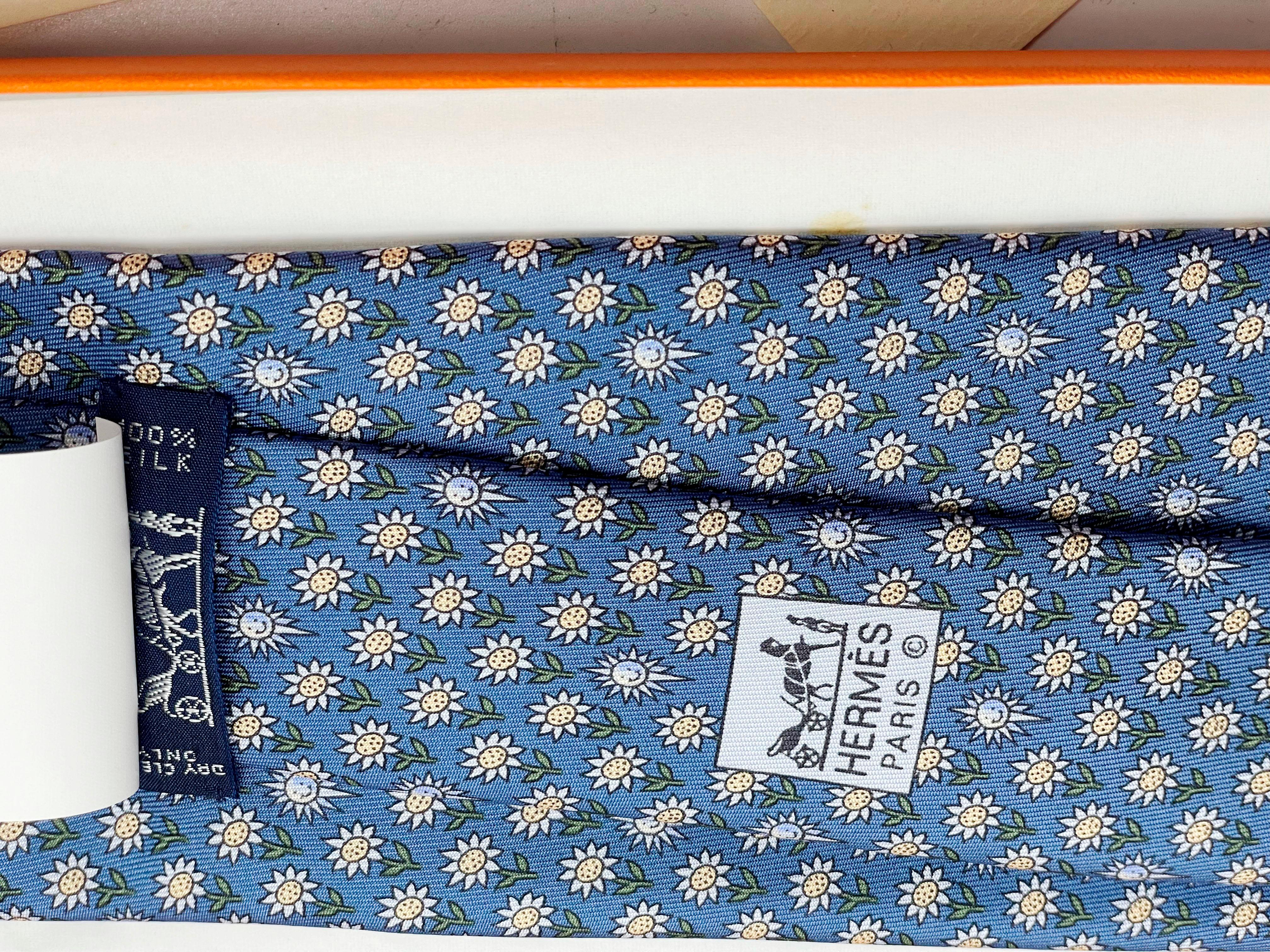French Hermes Daisy Print Silk Tie With Original Box And Ribbon For Sale