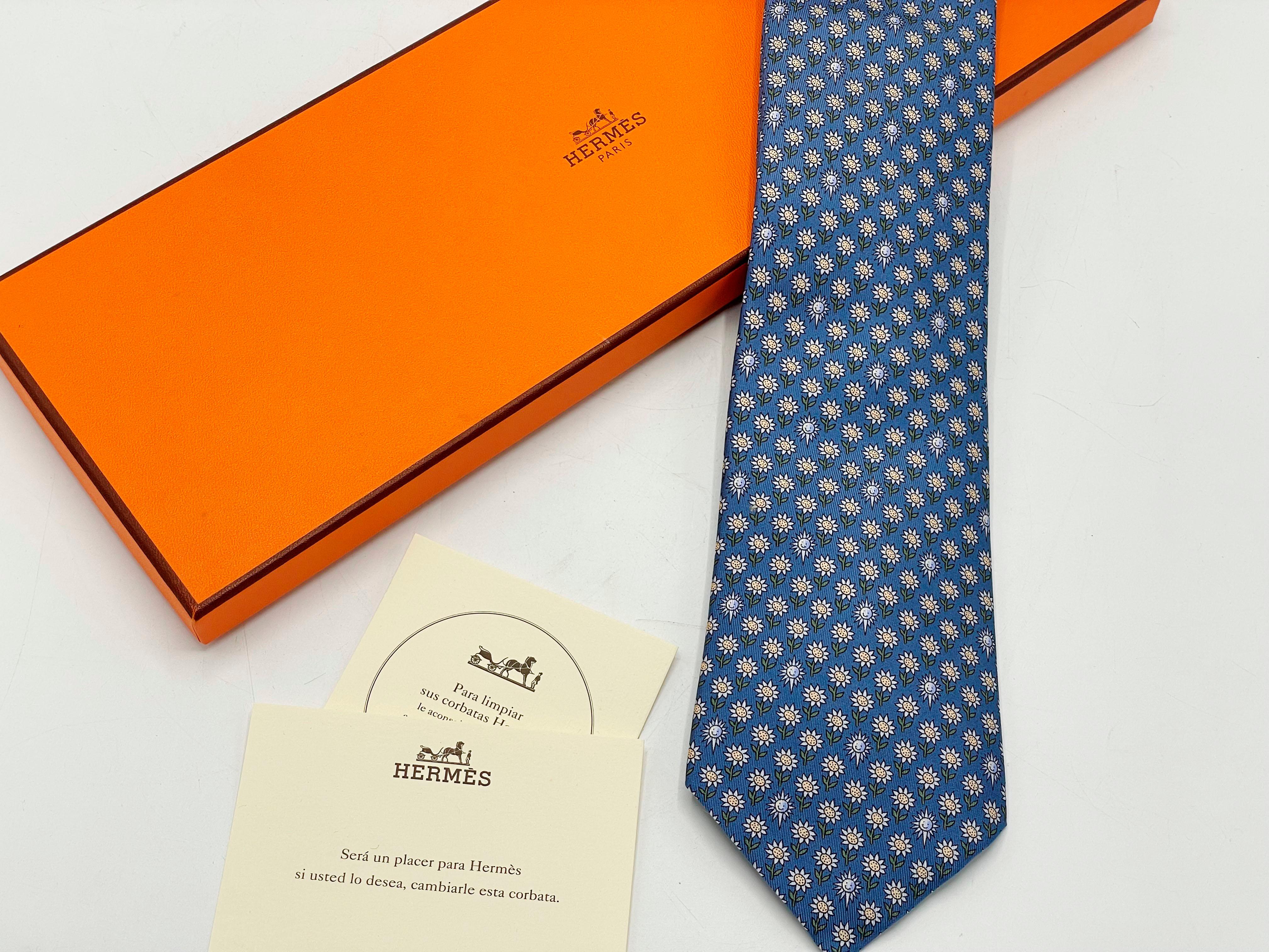 Machine-Made Hermes Daisy Print Silk Tie With Original Box And Ribbon For Sale