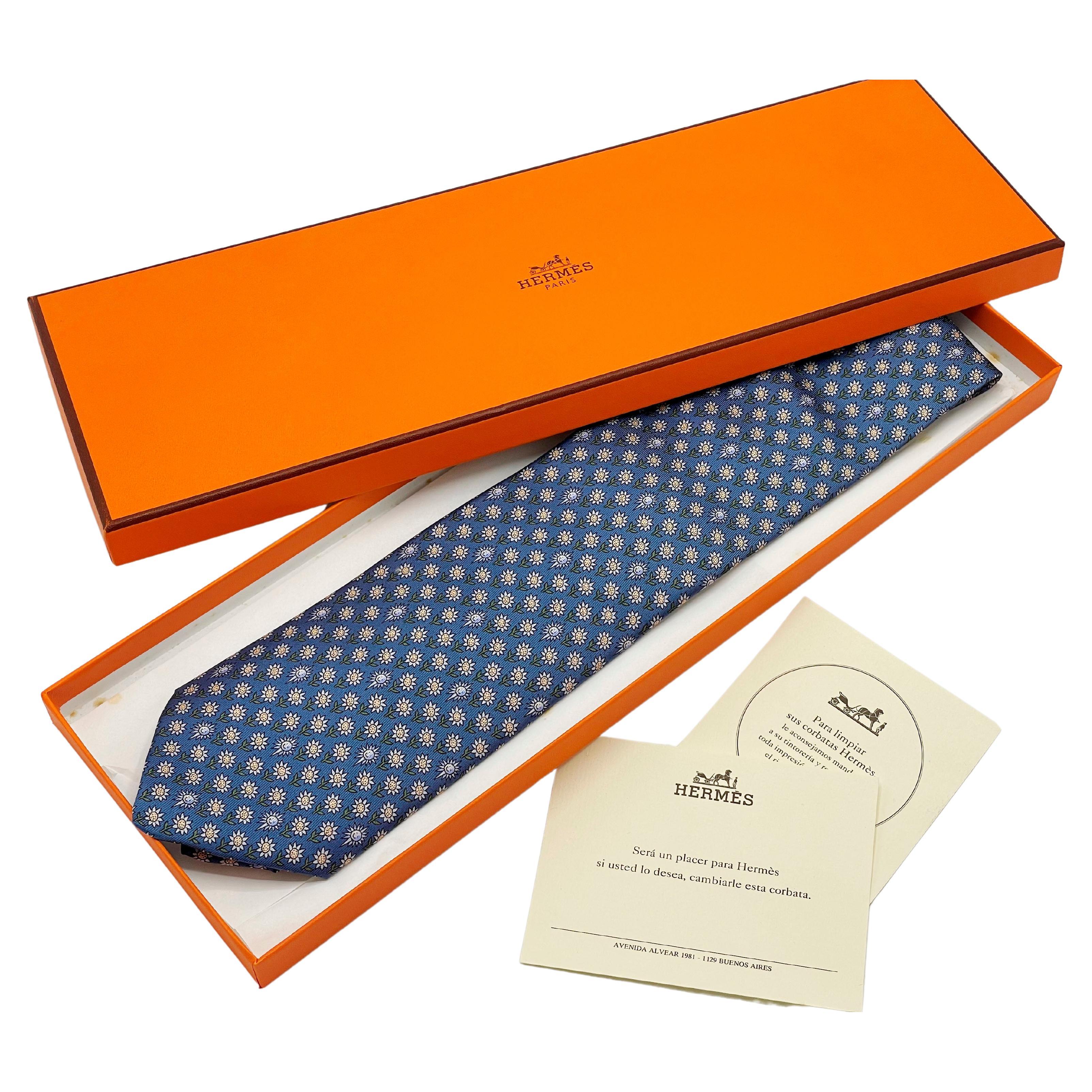 Hermes Daisy Print Silk Tie With Original Box And Ribbon For Sale