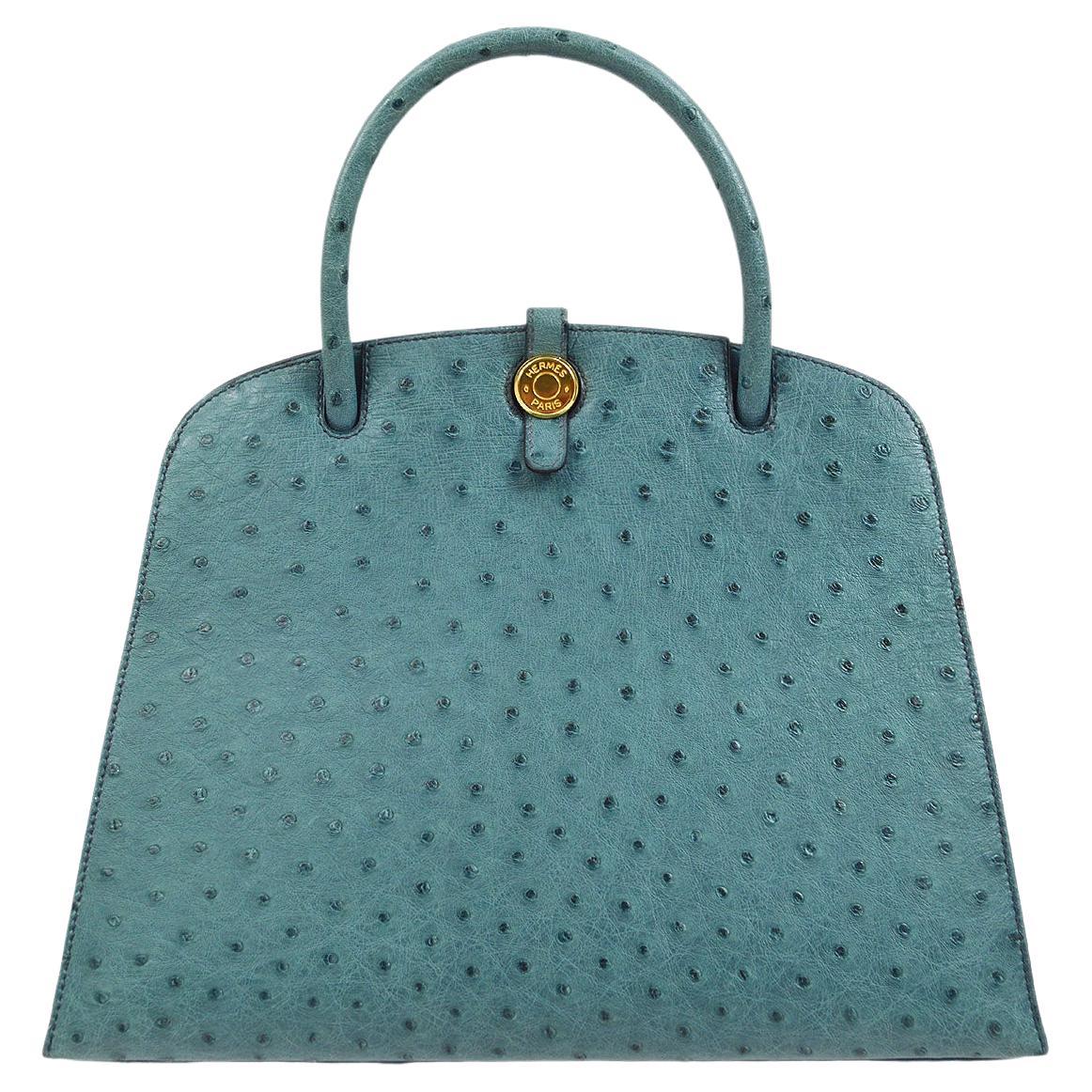 HERMES Dalvy  30 Blue Ostrich Exotic Leather Gold Hardware Top Handle Bag