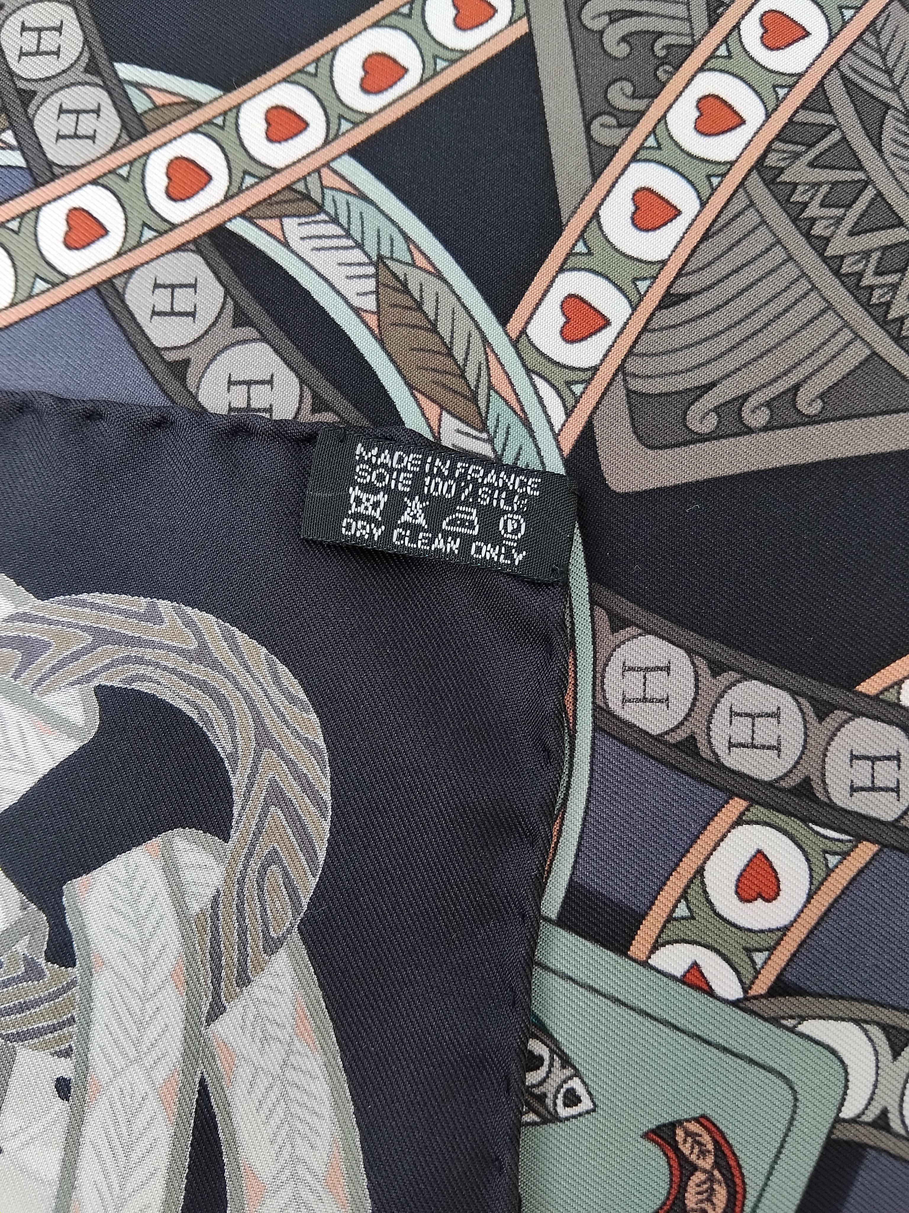 Hermès Dame De Coeur Silk Scarf Pierre Marie Black Grey 35' For Sale 5