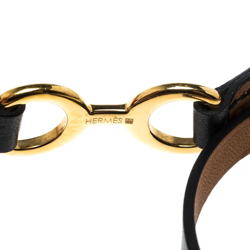 Women's Hermes Dandy Pavane Black Leather Gold Plated Wrap Bracelet S