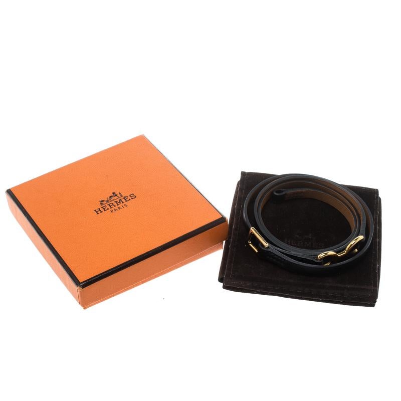 Hermes Dandy Pavane Black Leather Gold Plated Wrap Bracelet S 1
