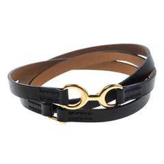 Hermes Dandy Pavane Black Leather Gold Plated Wrap Bracelet S
