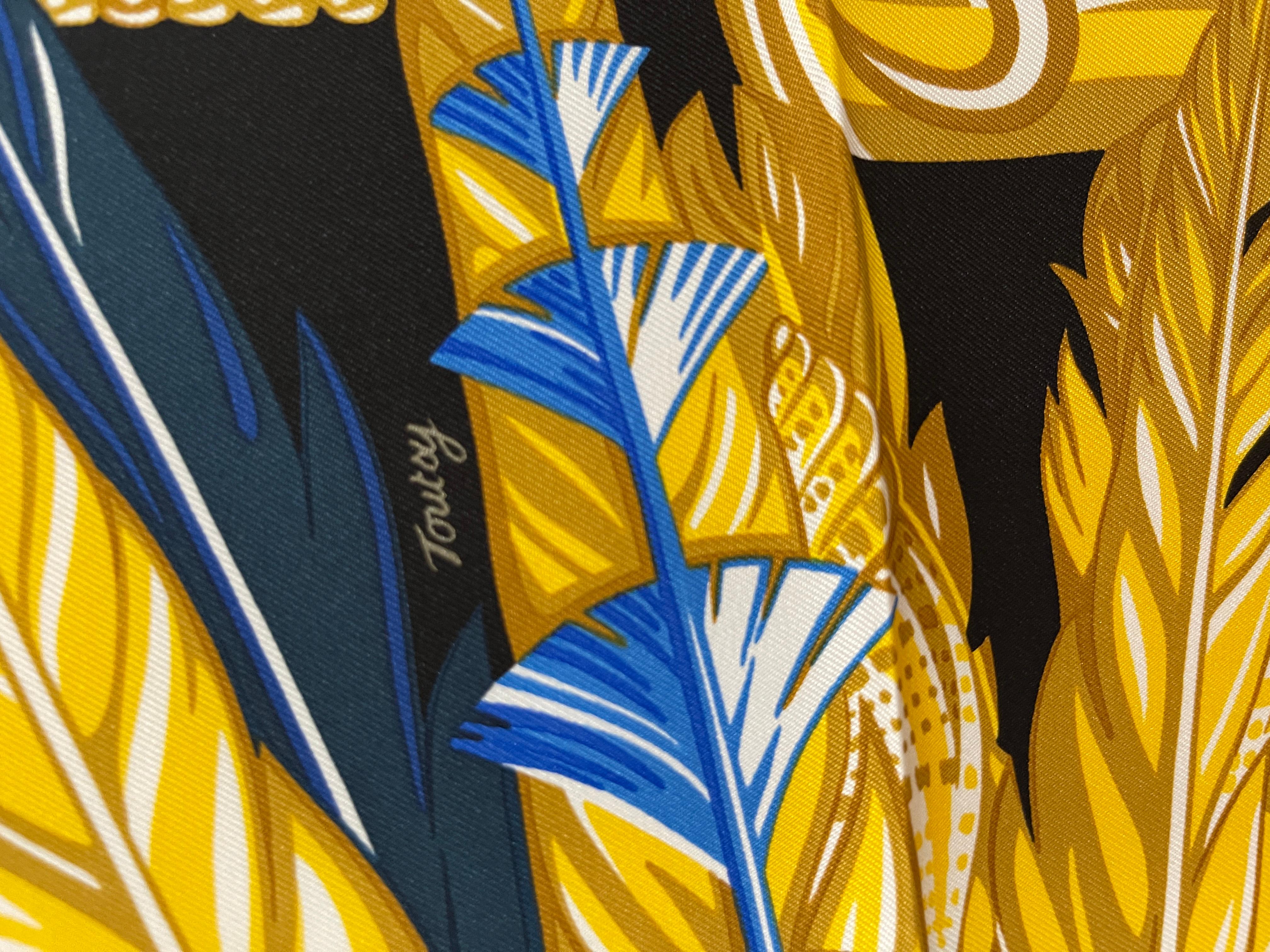 Hermes Danse Pacifique Silk 90cm New Black Feathers and Shells For Sale 2