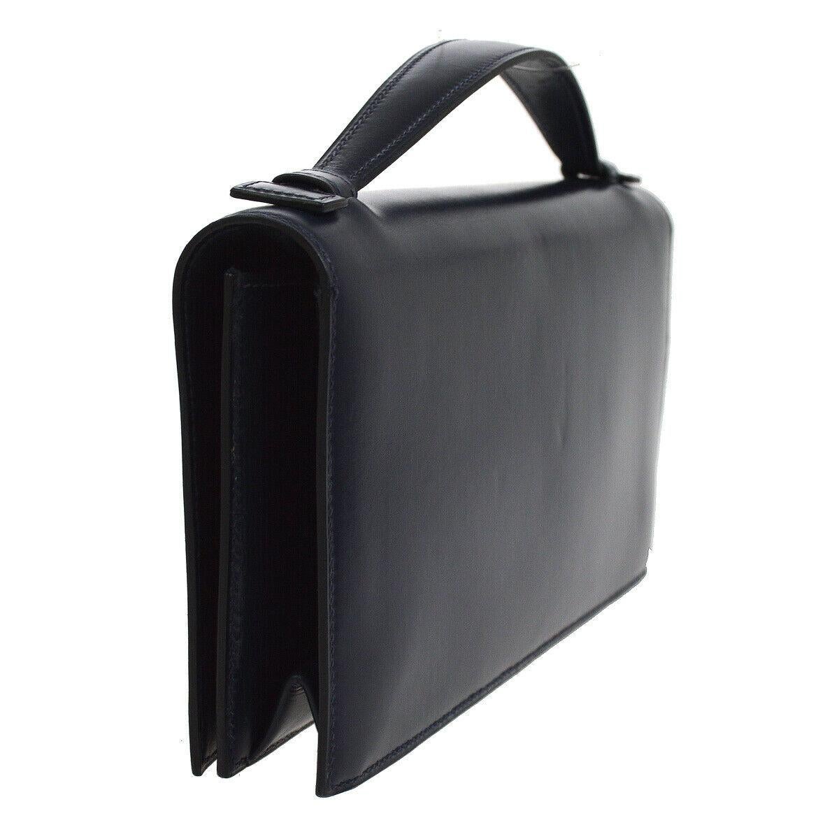 Black Hermes Dark Blue Leather Gold Emblem Evening Clutch Top Handle Flap Bag
