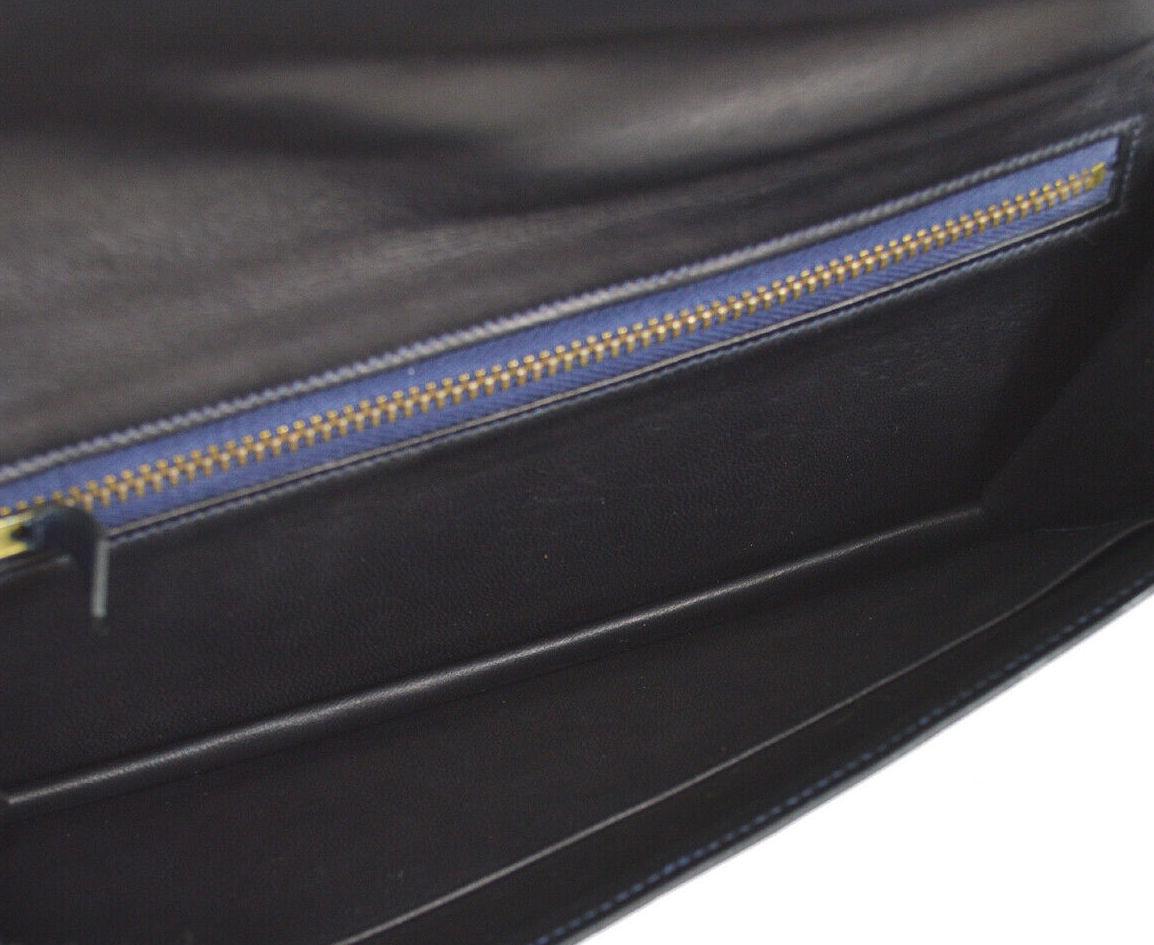 Women's Hermes Dark Blue Leather Gold Emblem Evening Clutch Top Handle Flap Bag
