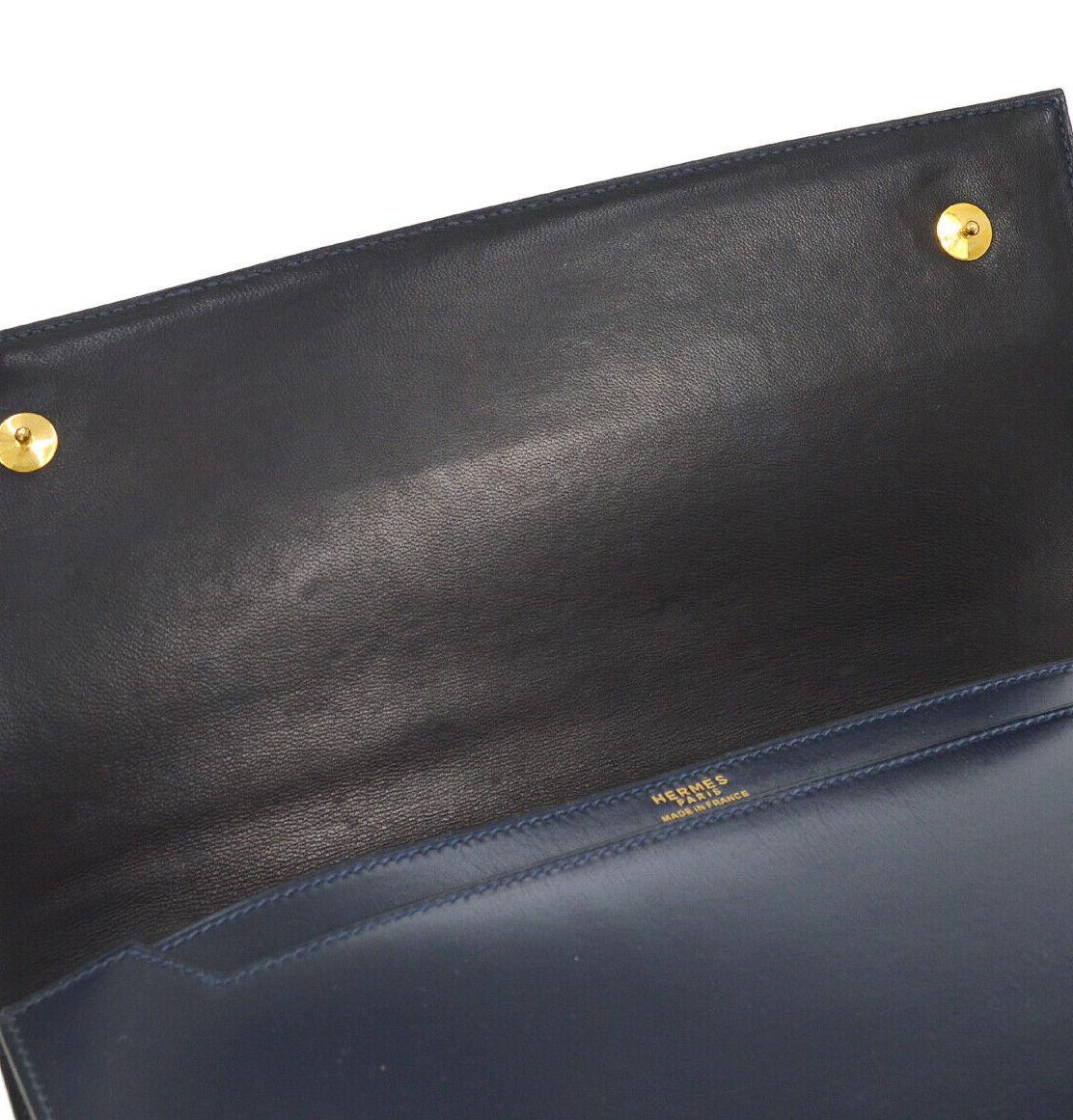 Hermes Dark Blue Leather Gold Emblem Evening Clutch Top Handle Flap Bag 1
