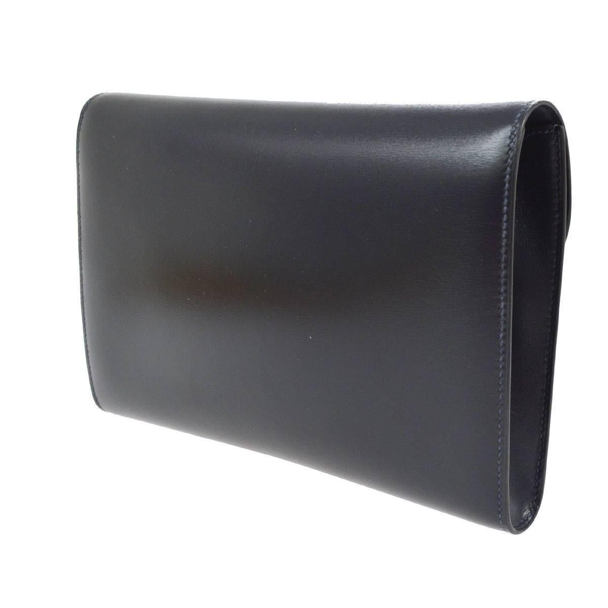 Black HERMES Dark Blue Leather H Logo Envelope Carryall Evening Clutch Flap Bag