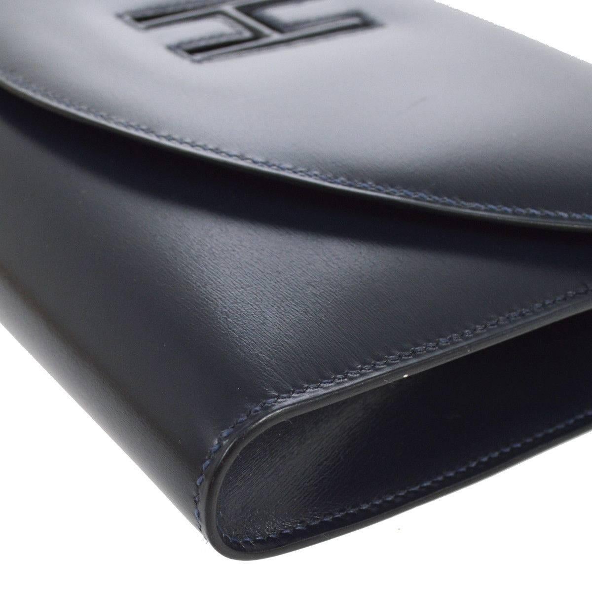 Women's HERMES Dark Blue Leather H Logo Envelope Carryall Evening Clutch Flap Bag
