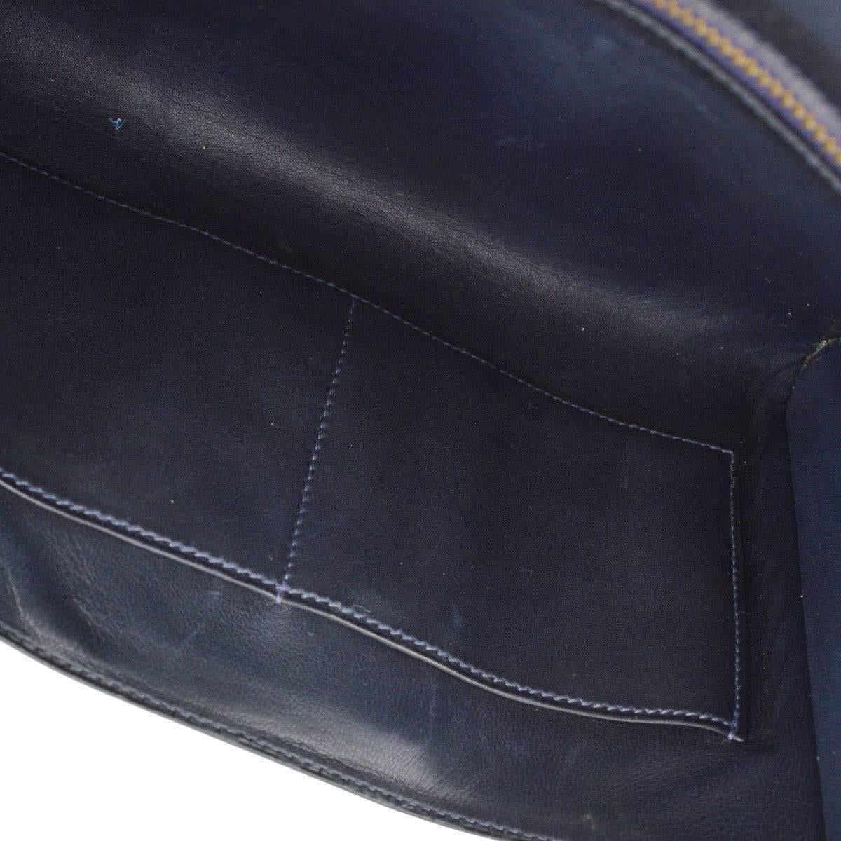 HERMES Dark Blue Leather H Logo Envelope Carryall Evening Clutch Flap Bag 1