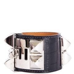 HERMES Dunkelblaues MATTE CROCODILE & Palladium COLLIER DE CHIEN Manschettenarmband