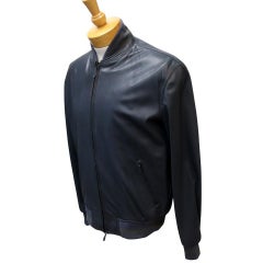 Hermes Dark Blue Signature Leather Reversible Bomber With Knit Trim 48 Jacket