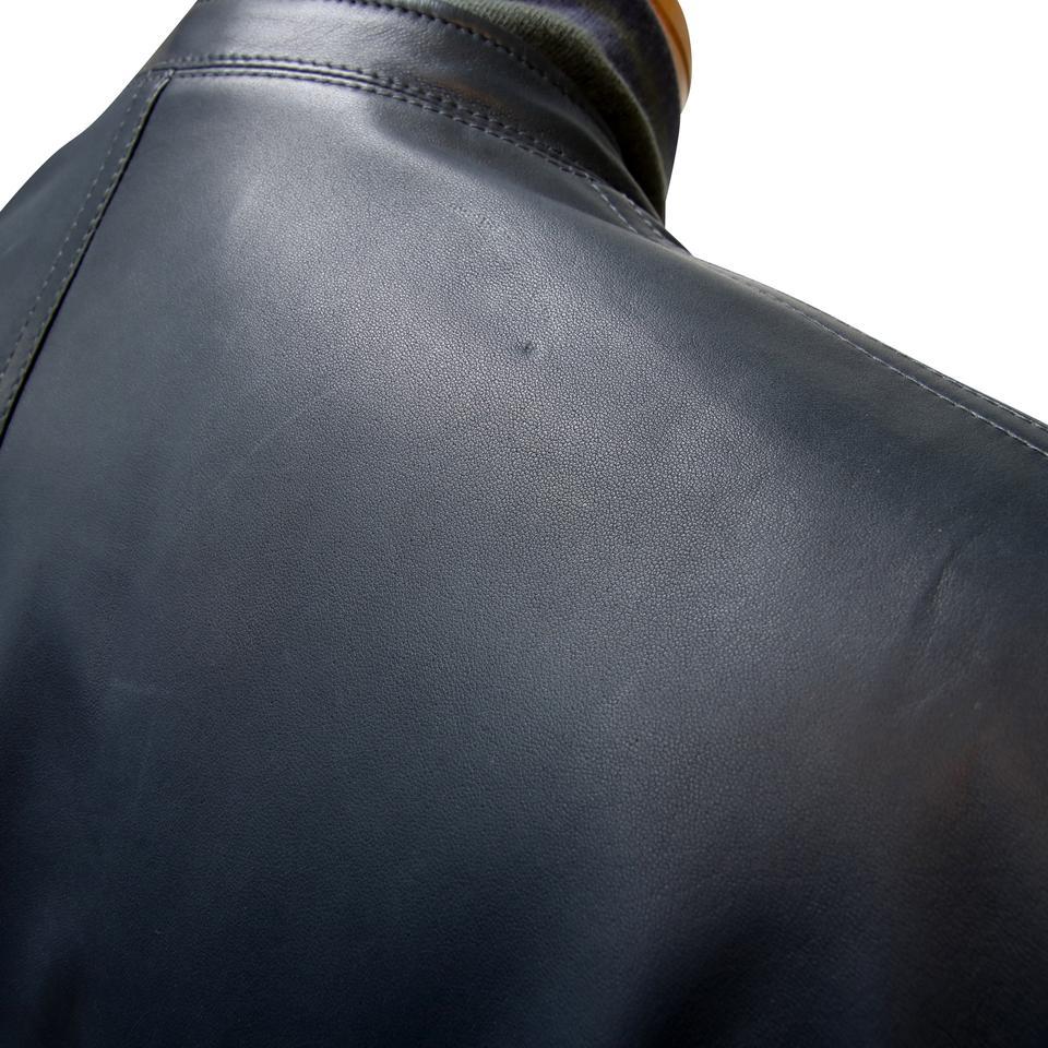 Black Hermes Dark Blue Signature Leather Reversible Bomber With Knit Trim 48 Jacket For Sale