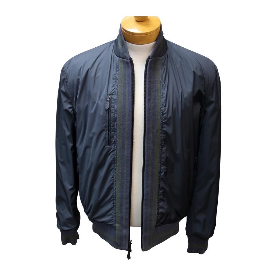 Men's Hermes Dark Blue Signature Leather Reversible Bomber With Knit Trim 48 Jacket For Sale