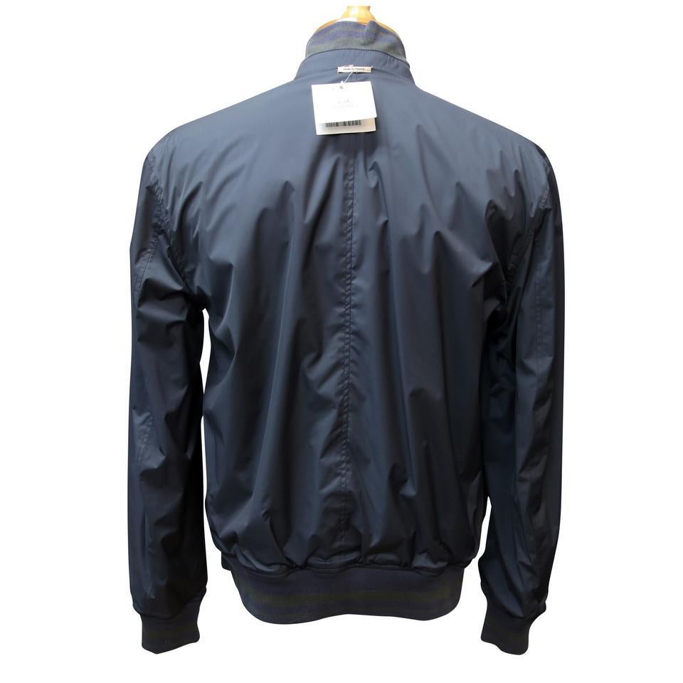 Hermes Dark Blue Signature Leather Reversible Bomber With Knit Trim 48 Jacket For Sale 1
