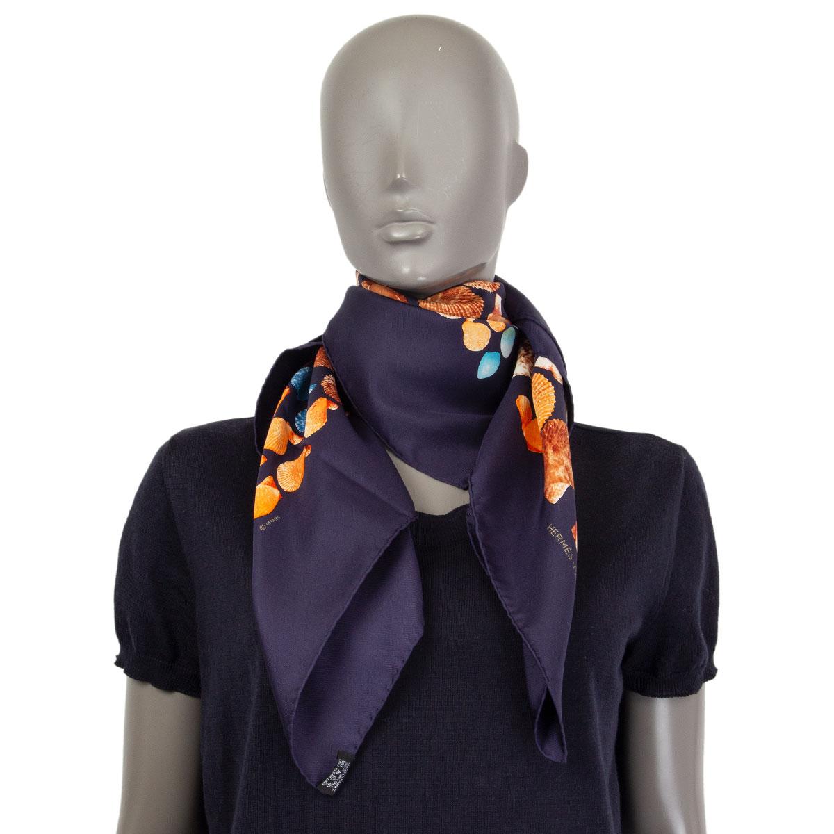 HERMES dark blue silk twill 'Coquilles 90' Scarf 1