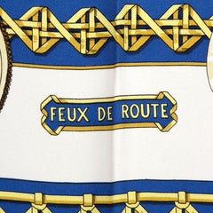 Hermes dark blue white FEUX DE ROUTE 90 silk twill Scarf