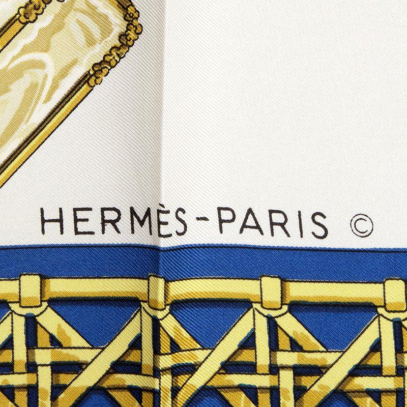 Beige Hermes dark blue white FEUX DE ROUTE 90 silk twill Scarf For Sale