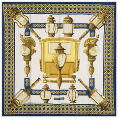 Hermes dark blue white FEUX DE ROUTE 90 silk twill Scarf