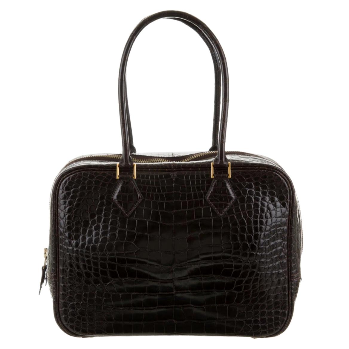 Hermes Dark Brown Alligator Exotic Skin Small Evening Top Handle Satchel Bag