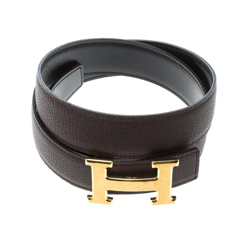 Hermes Dark Brown/Black Leather Gold Brushed Finished H Buckle Belt 85cm For Sale at 1stdibs