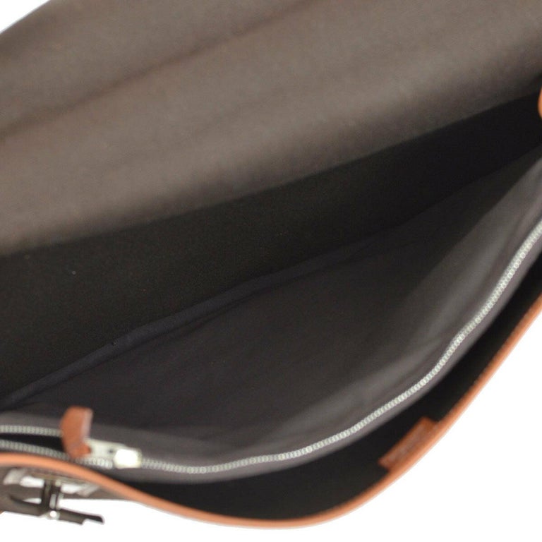 Hermes Dark Brown Canvas Cognac Leather Buckle Flap Business Briefcase ...