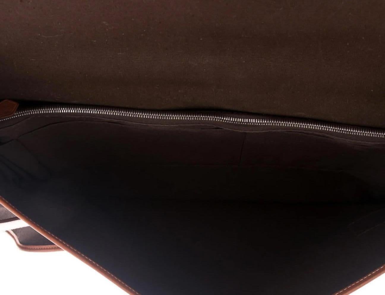 Hermes Dark Brown Canvas Cognac Leather Buckle Men's Flap Business Briefcase Bag 1