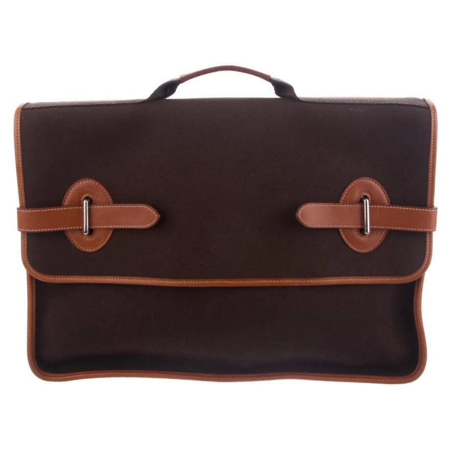 Hermes Dark Brown Canvas Cognac Leather Buckle Men's Flap Business Briefcase Bag