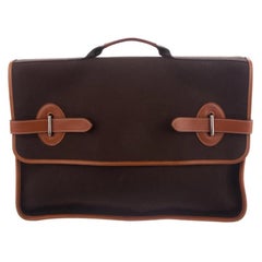 Hermès Dark Brown Canvas Cognac Cuir Buckle Men's Flap Business Briefcase Bag