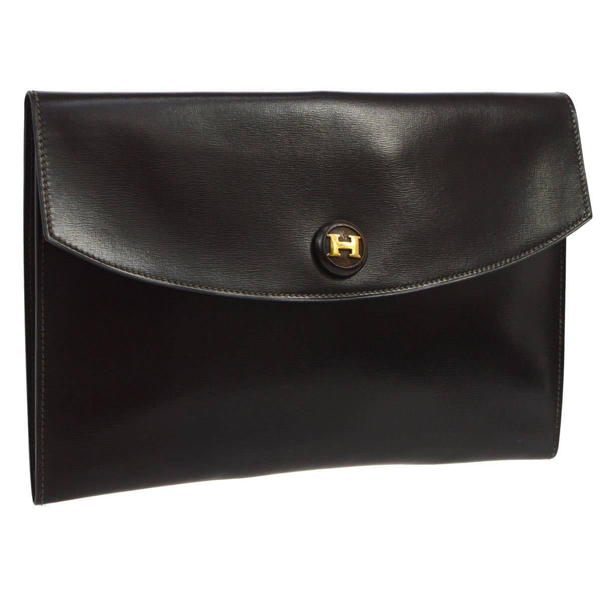 Hermes Dark Brown Chocolate Leather Envelope Evening Clutch Flap Bag