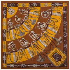 Hermes dark brown CLIQUETIS 90 silk twill Scarf