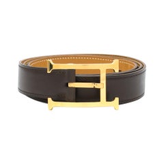 Hermes Dark Brown Gilt H Buckle Leather Belt 24mm Length 110cms	