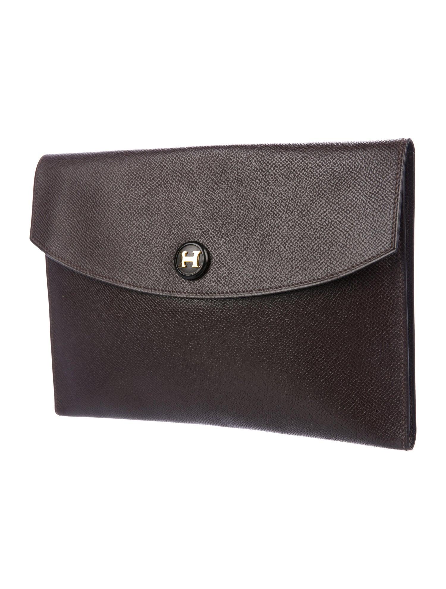 Black Hermes Dark Brown Leather Gold 'H' Logo Button Envelope Evening Clutch Bag