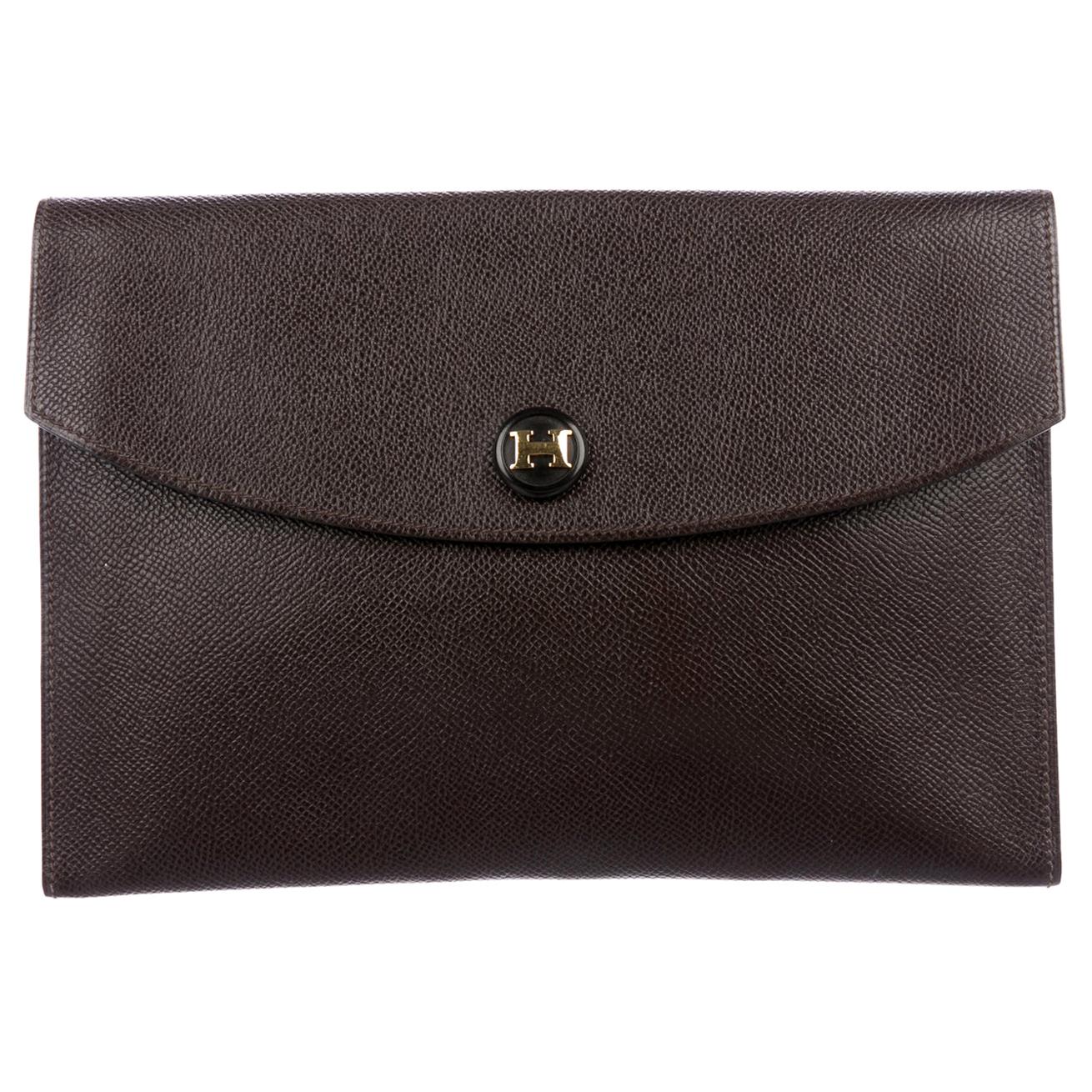 Hermes Dark Brown Leather Gold 'H' Logo Button Envelope Evening Clutch Bag
