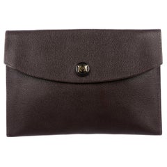 Hermes Dark Brown Leather Gold 'H' Logo Button Envelope Evening Clutch Bag