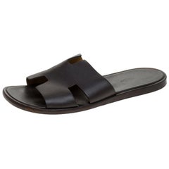 Hermes Dark Brown Leather Izmir Flat Slides Size 44