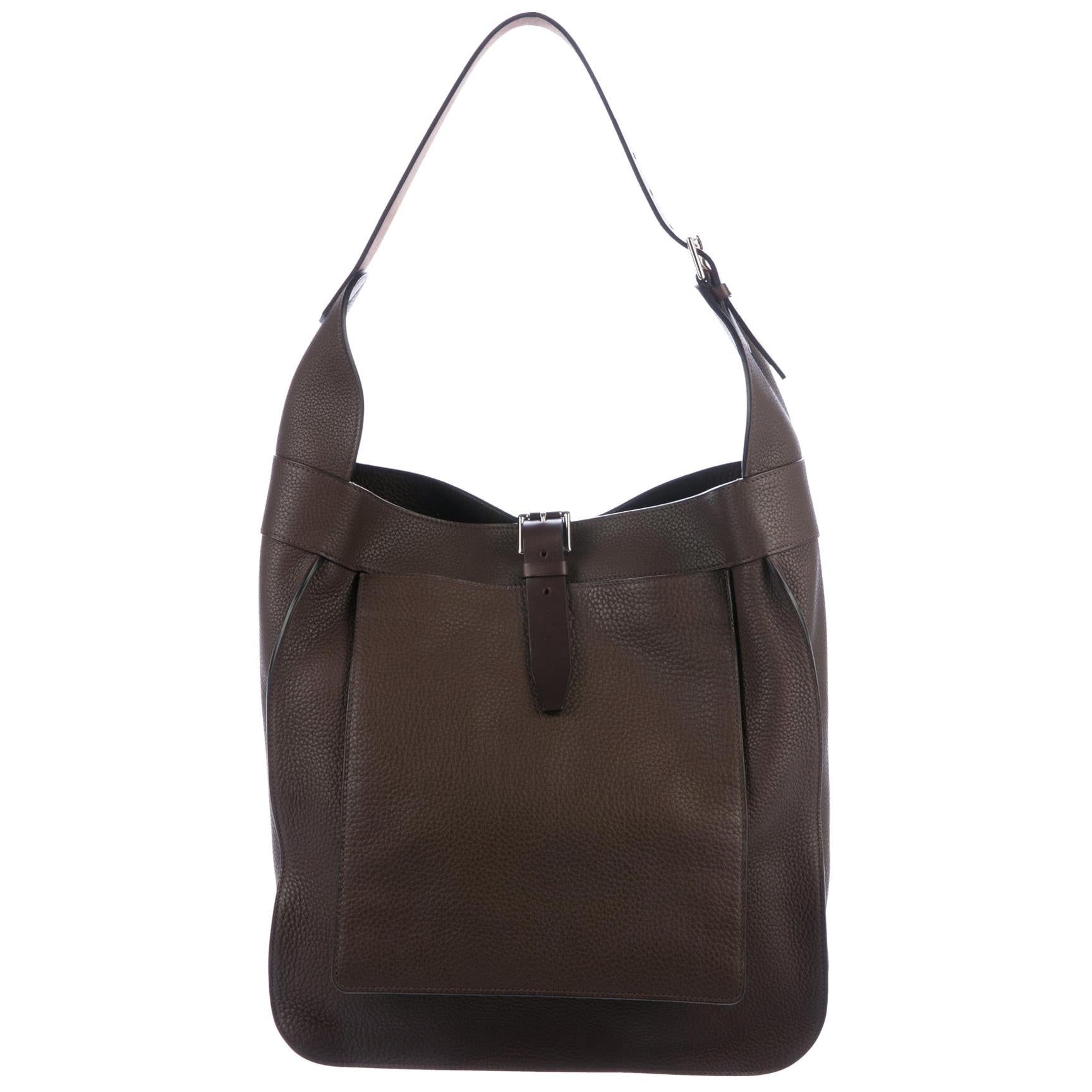 Hermes Dark Brown Leather Palladium Large Carryall Travel Tote Hobo Shoulder Bag