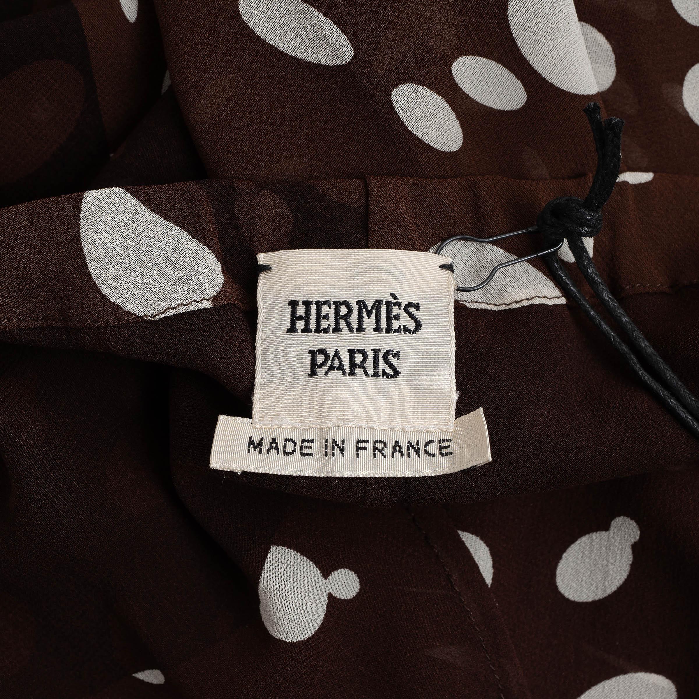 Women's HERMES dark brown silk 2005 DOTTED MAXI Skirt L For Sale