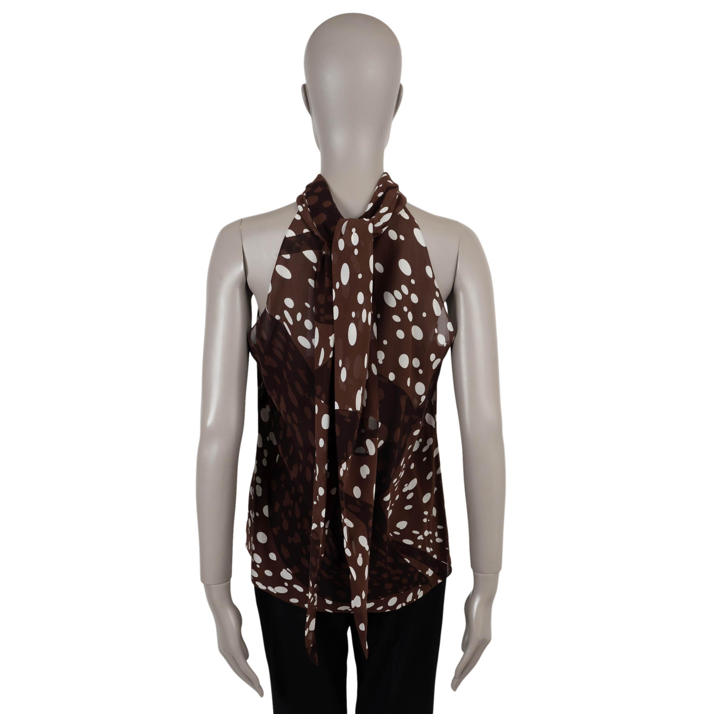 Black HERMES dark brown silk 2005 DOTTED PUSSY BOW HALTER Blouse Shirt 42 L For Sale