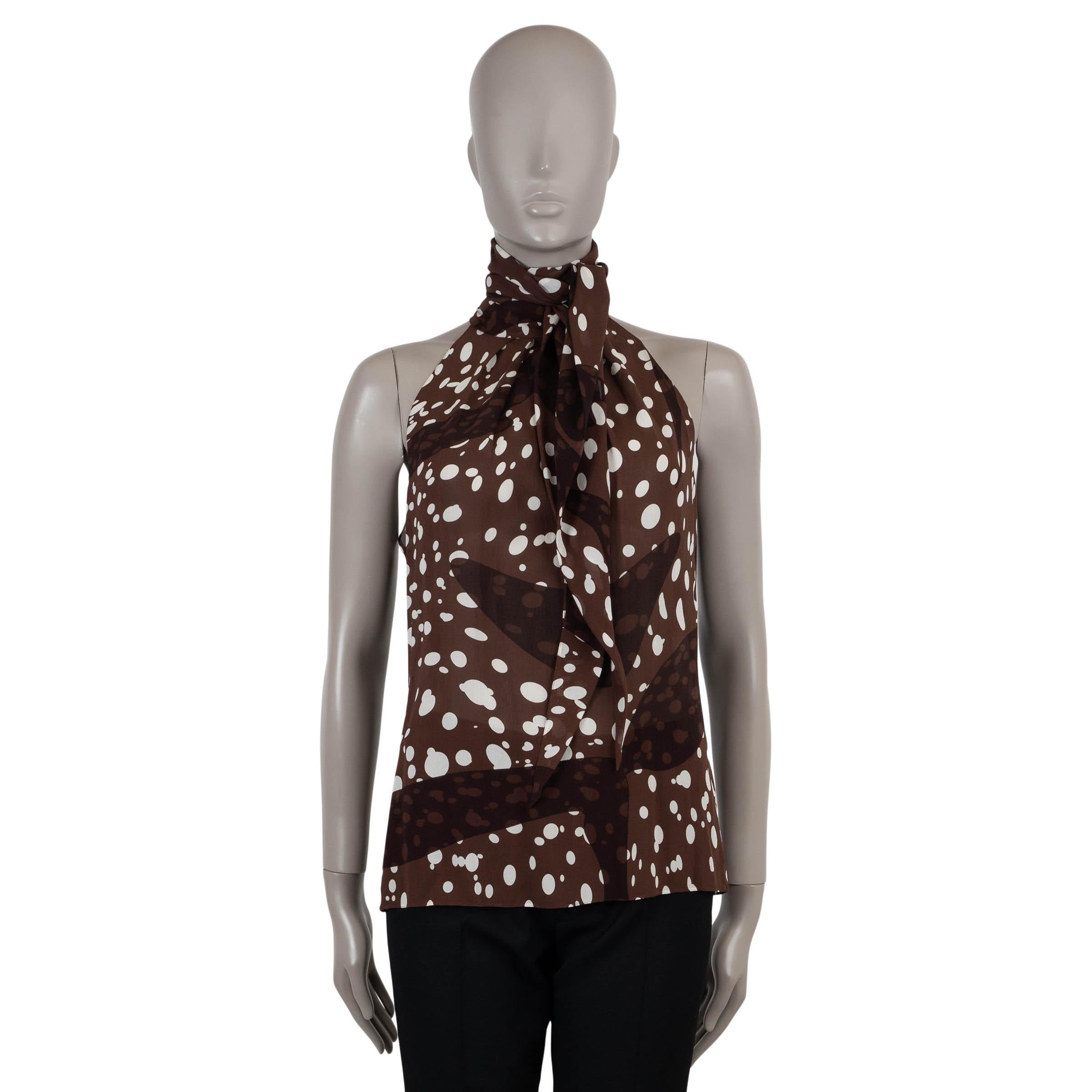 HERMES dark brown silk 2005 DOTTED PUSSY BOW HALTER Blouse Shirt 42 L In Excellent Condition For Sale In Zürich, CH