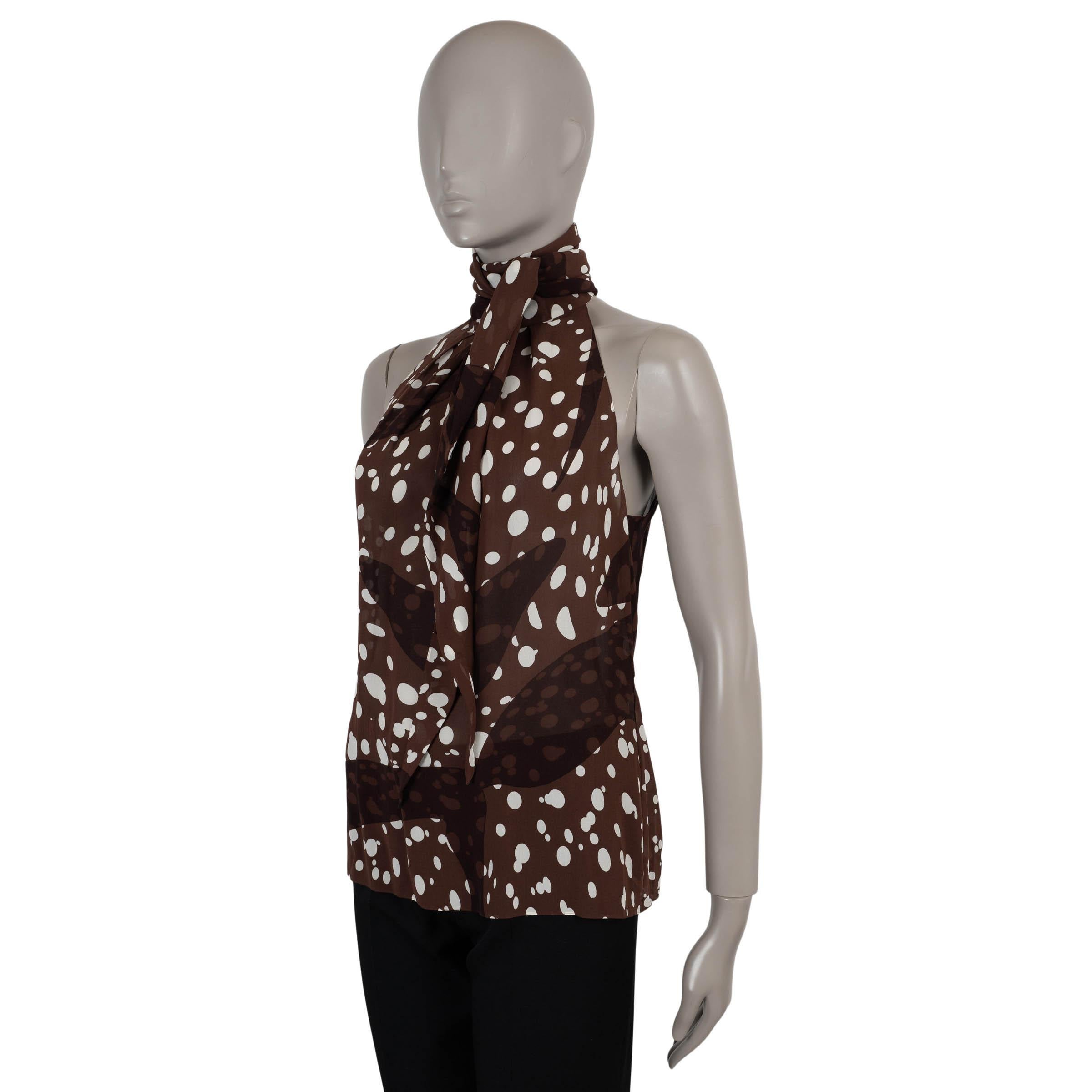 Women's HERMES dark brown silk 2005 DOTTED PUSSY BOW HALTER Blouse Shirt 42 L For Sale
