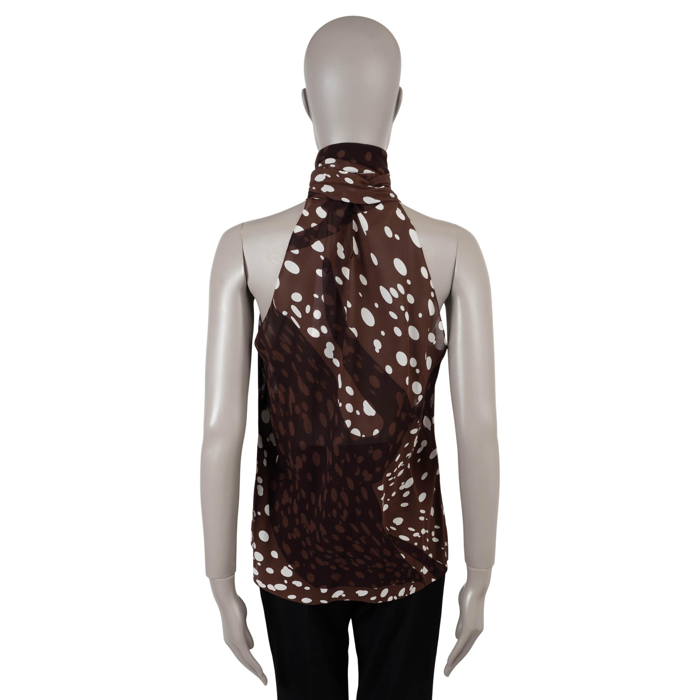 HERMES dark brown silk 2005 DOTTED PUSSY BOW HALTER Blouse Shirt 42 L For Sale 1