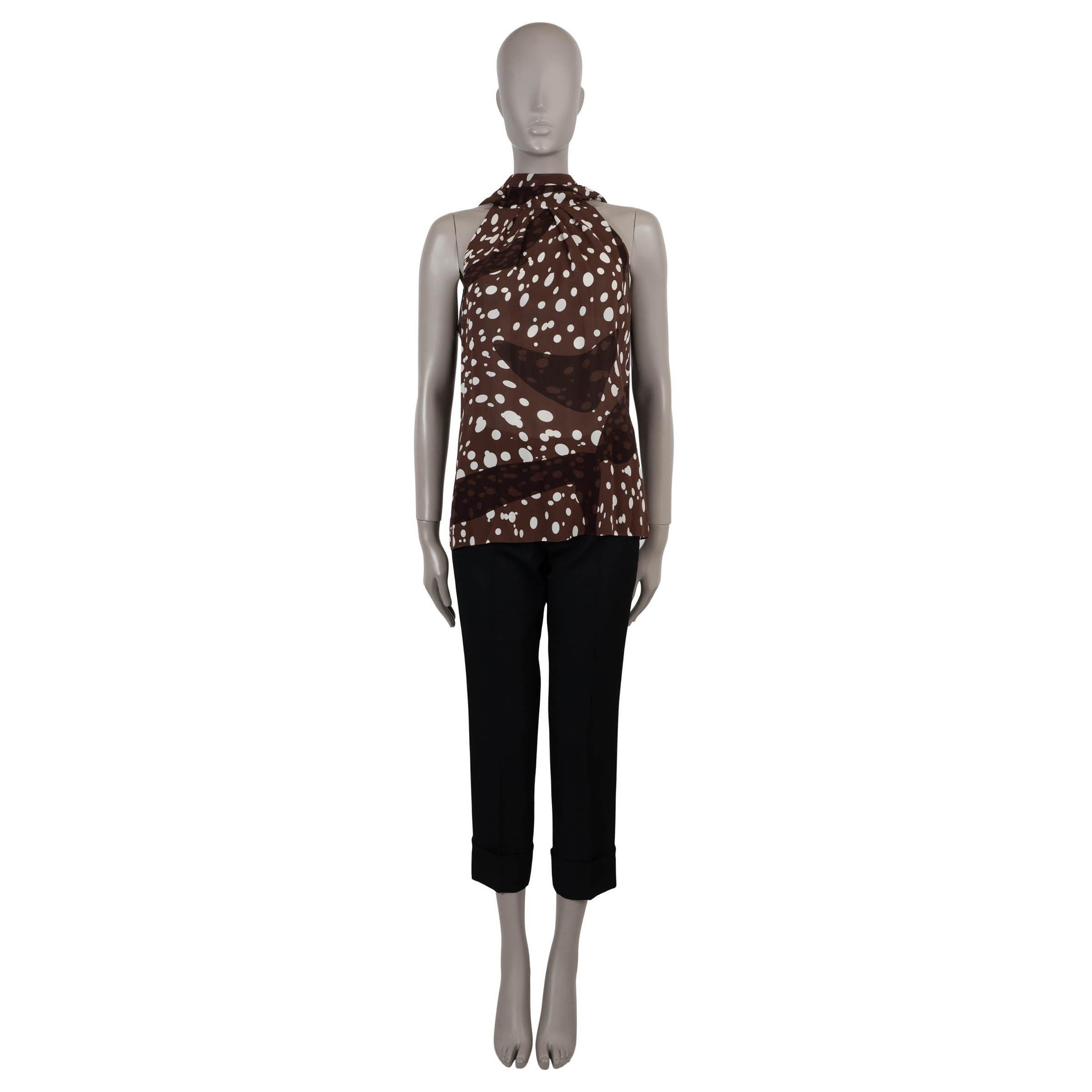 HERMES dark brown silk 2005 DOTTED PUSSY BOW HALTER Blouse Shirt 42 L For Sale 2