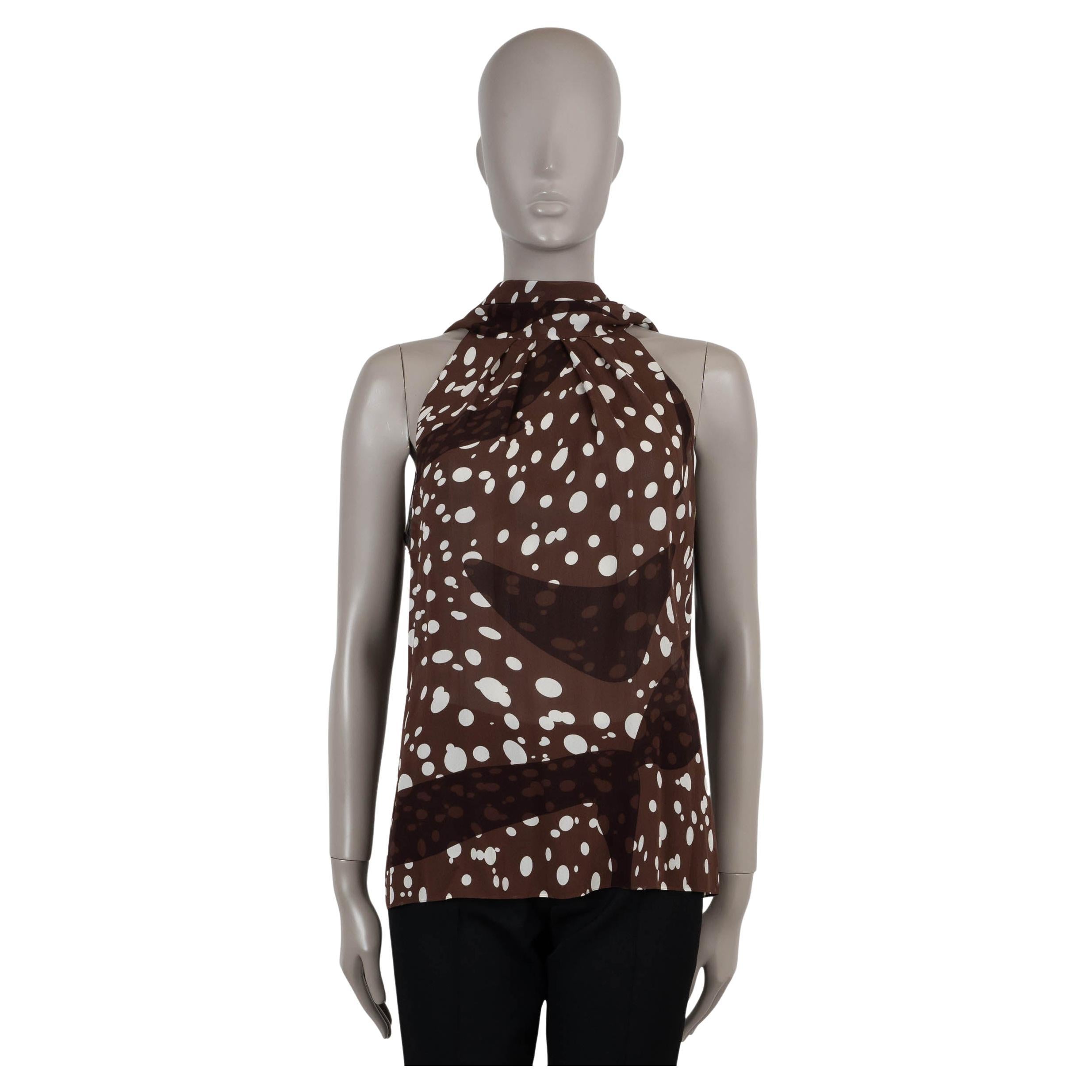 HERMES dark brown silk 2005 DOTTED PUSSY BOW HALTER Blouse Shirt 42 L For Sale