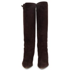 HERMES dark brown suede LOCK Knee High Boots Shoes 38.5