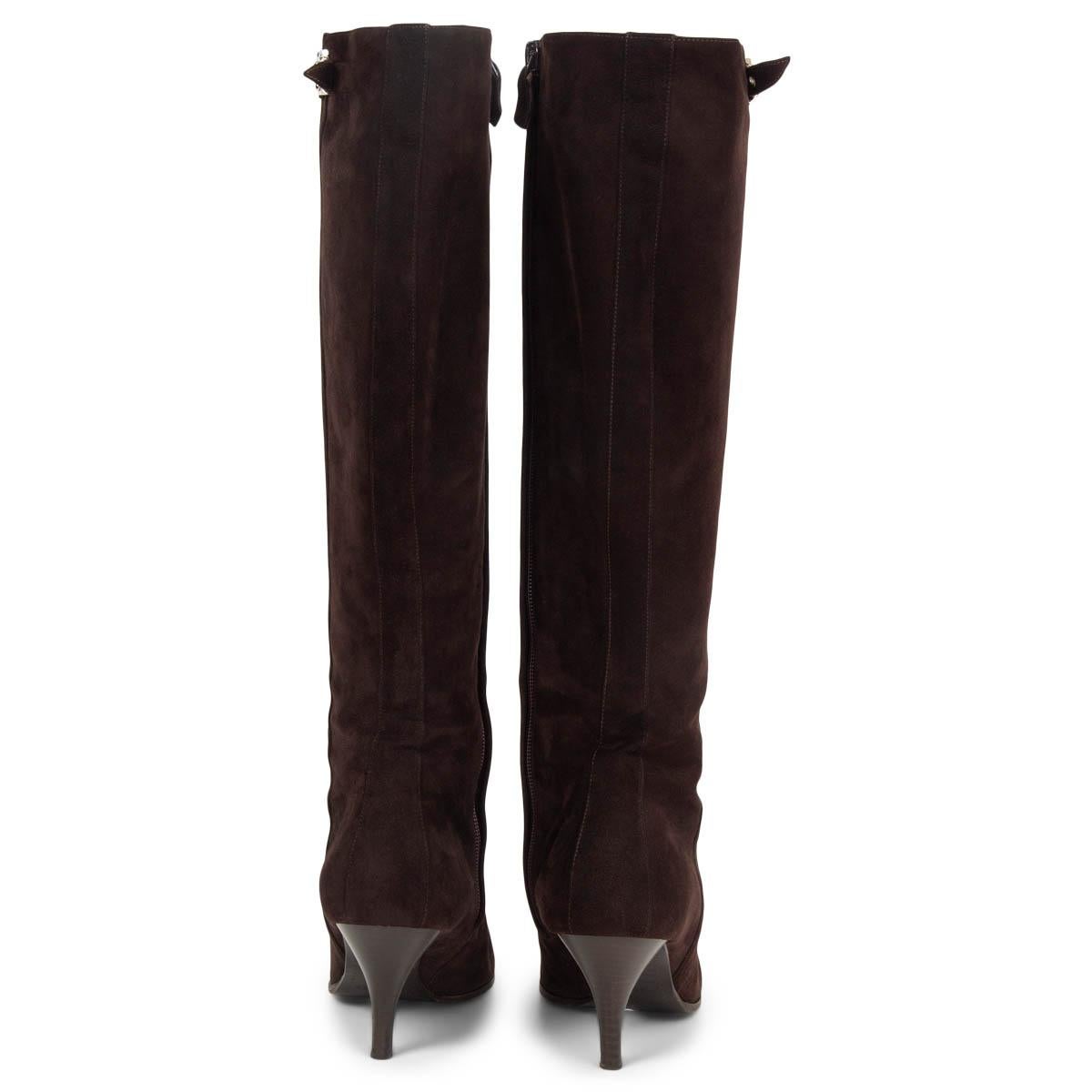 HERMES daim marron foncé LOCK Knee High Boots Shoes 38.5 Excellent état - En vente à Zürich, CH