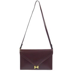 Vintage Hermes Dark Burgundy Wine Leather Gold 'H' Charm 2 in 1 Clutch Shoulder Bag
