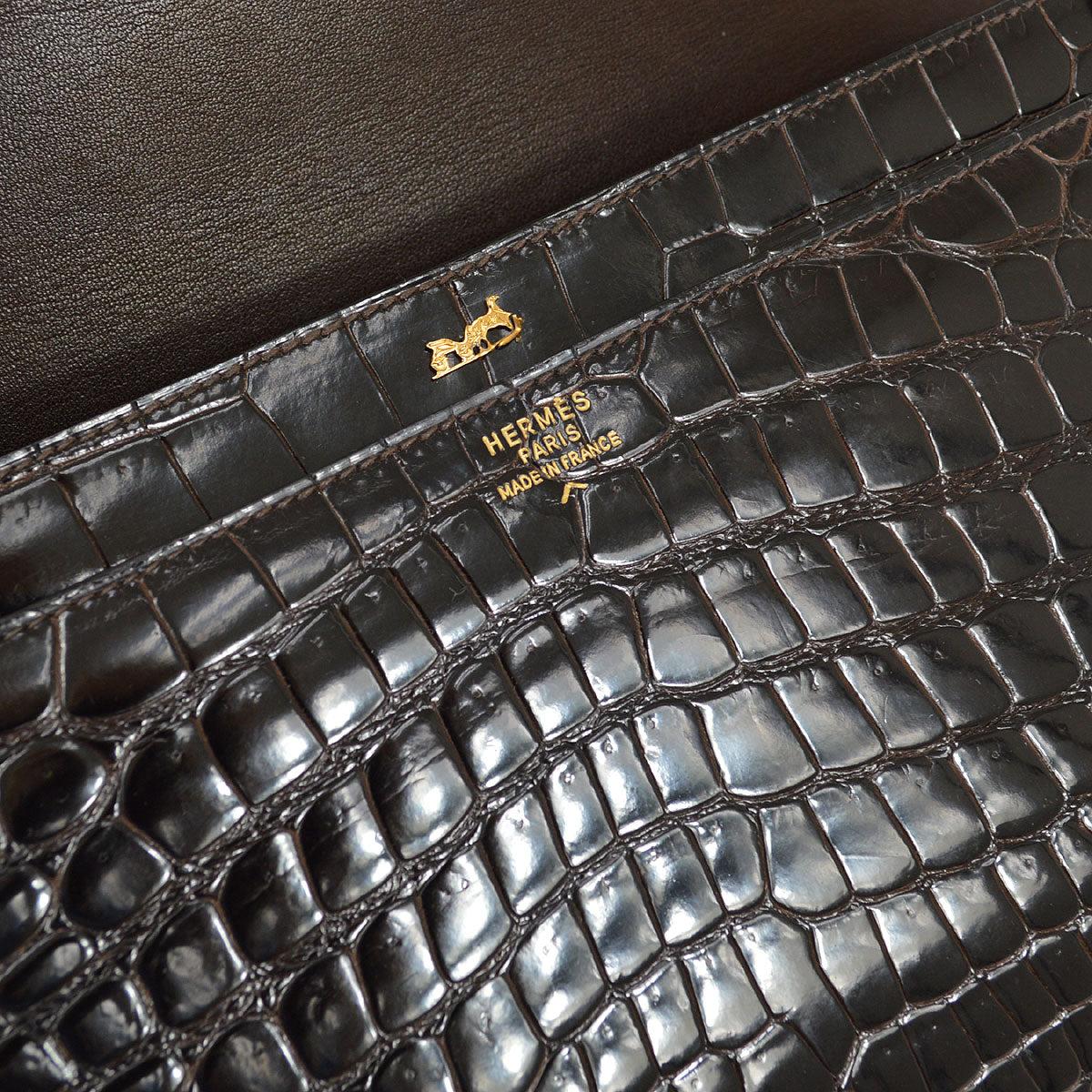 HERMES Dark Chocolate Brown Piano Crocodile Porosus Gold Hardware Top Handle Bag 1